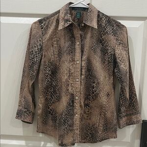 Lauren Ralph Lauren Brown and black Snake Print button up Top Cotton Women